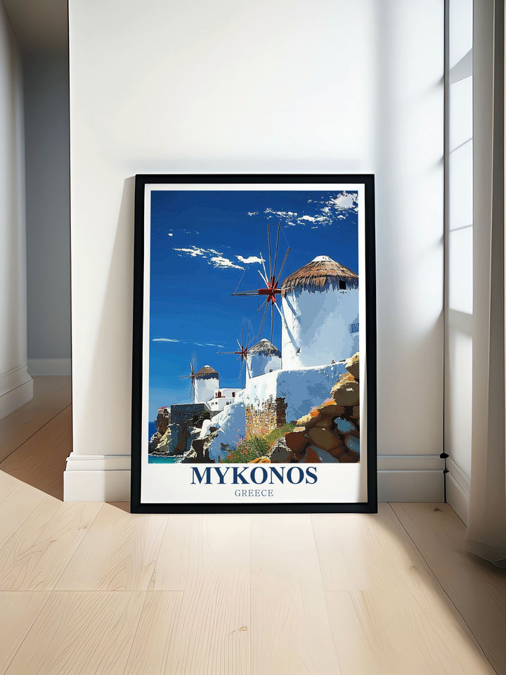 Discover the beauty of Mykonos windmills with our travel poster print featuring the vibrant city color palette and stunning modern art perfect for home decor and gifts