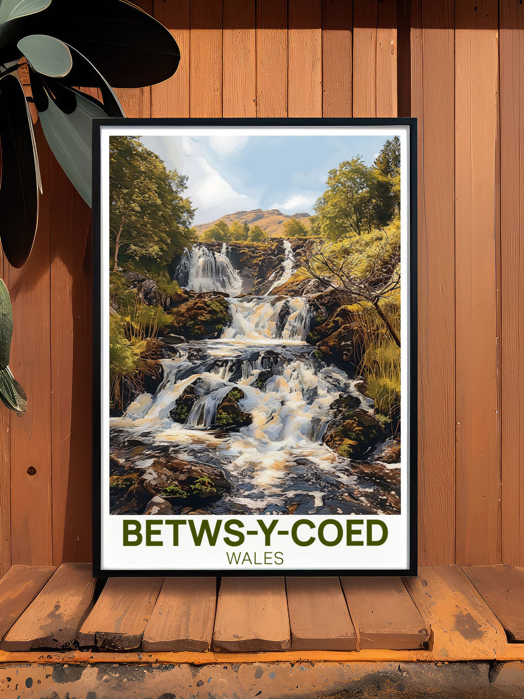 Modern art print of Betws y Coed featuring the picturesque scenery and historic sites of this Welsh village a perfect choice for decorating your home Swallow Falls is beautifully integrated into the artwork.