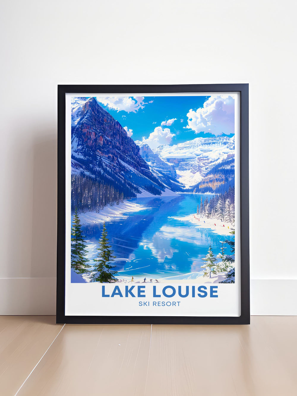 This art print features Lake Louise Ski Resort, highlighting the stunning landscapes and well groomed trails, perfect for ski enthusiasts and adventure seekers.