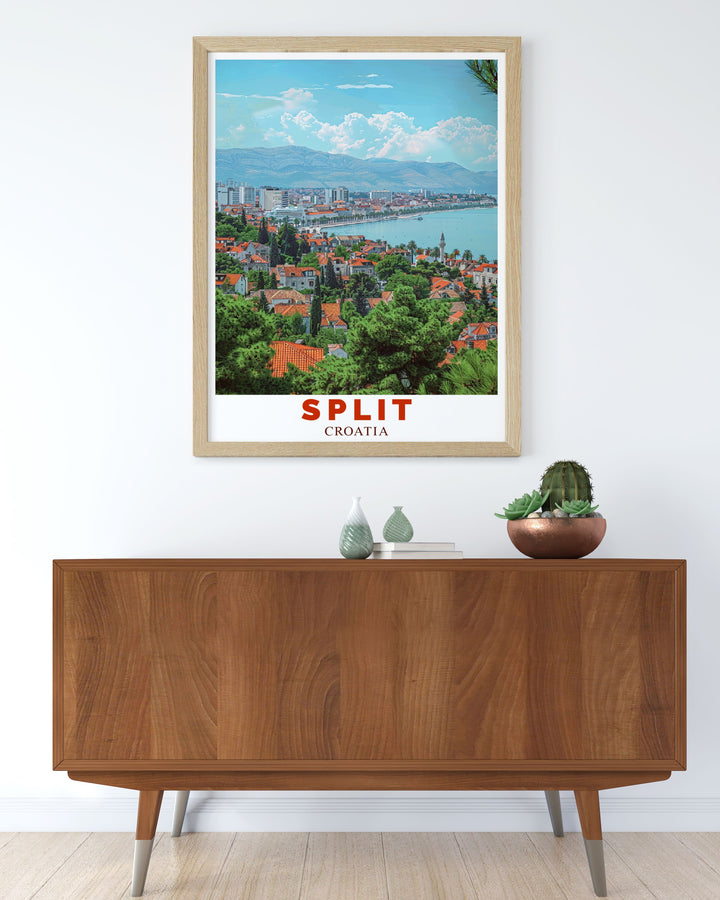 The vibrant city and historic significance of Split are depicted in this travel poster, showcasing the natural beauty and cultural richness that define Croatia.