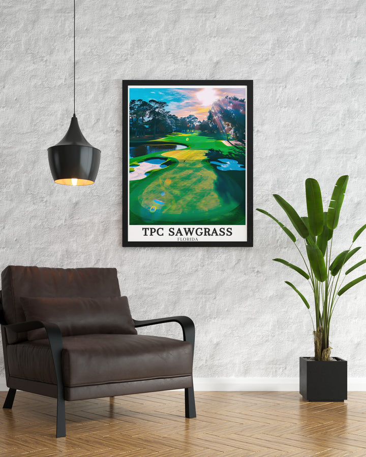 The Celebration Bermuda Fairway at TPC Sawgrass is famous for its exceptional playing surface and beautiful design. This artwork showcases the fairways lush greenery and strategic importance, making it a perfect piece for golf lovers. Ideal for those who admire the intricacies of course architecture.