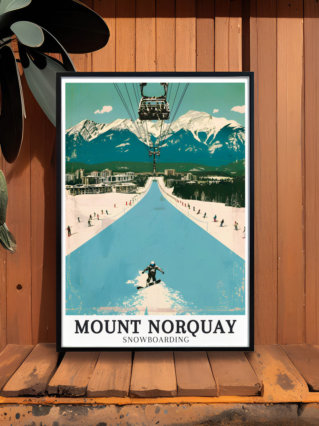 Mount Norquay Snowboarding Wall Print portraying the vibrant energy of snowboarding at Mount Norquay, set within the stunning environment of the Canadian Rockies. This piece is perfect for those who live for the thrill of the slopes and the beauty of the mountains.