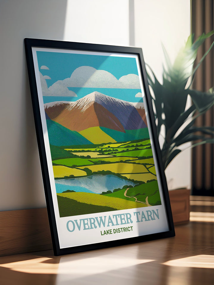 Cumbria landscape art featuring Overwater Tarn and Skiddaw. This scenic print captures the essence of the Lake Districts stunning views, providing a visual escape to one of Englands most beautiful locations. Great for enhancing your home decor.