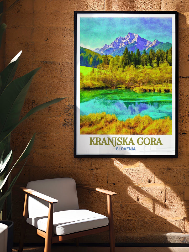 Fine art print of Zelenci Nature Reserve, highlighting the stunning natural scenery and serene landscapes of Kranjska Gora. This artwork brings the distinguished views of one of Slovenias most remarkable locations into your home, adding a touch of artistic grandeur.