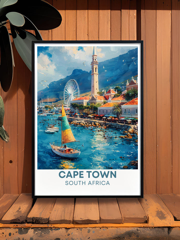 This travel poster captures the vibrant Victoria & Alfred Waterfront and the iconic Table Mountain, perfect for adding a touch of South Africas charm to your home decor.