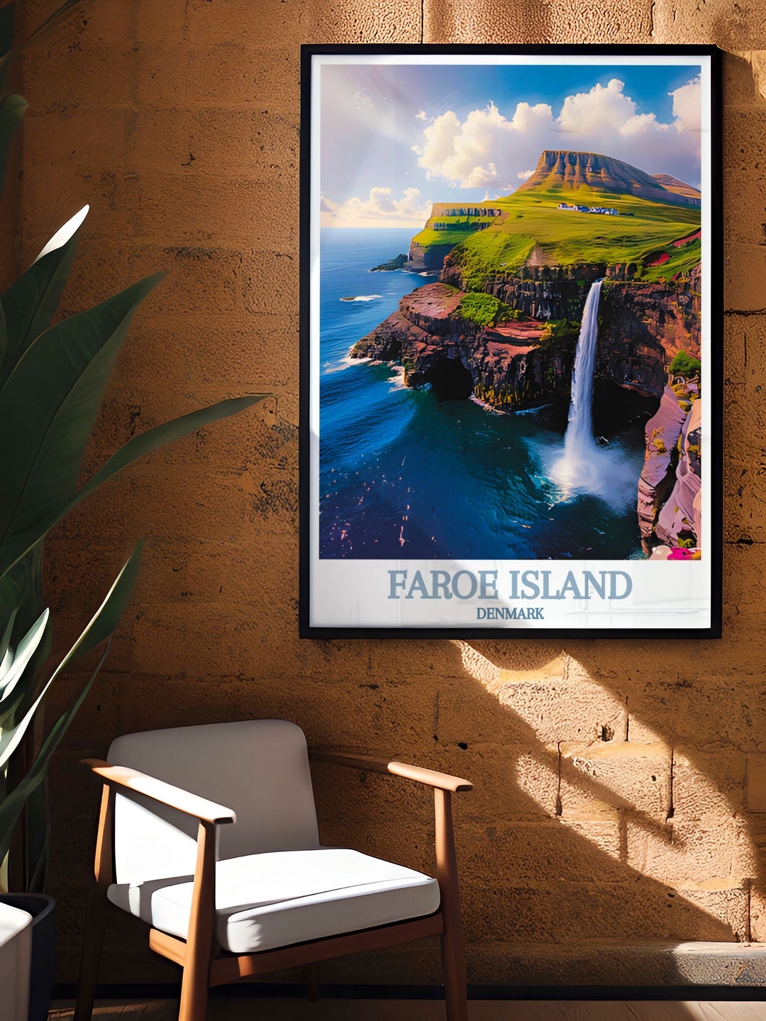 The enchanting scenery of Múlafossur Waterfall and the picturesque village of Gásadalur are beautifully illustrated in this travel poster, celebrating the natural splendor and tranquil environment of the Faroe Islands.