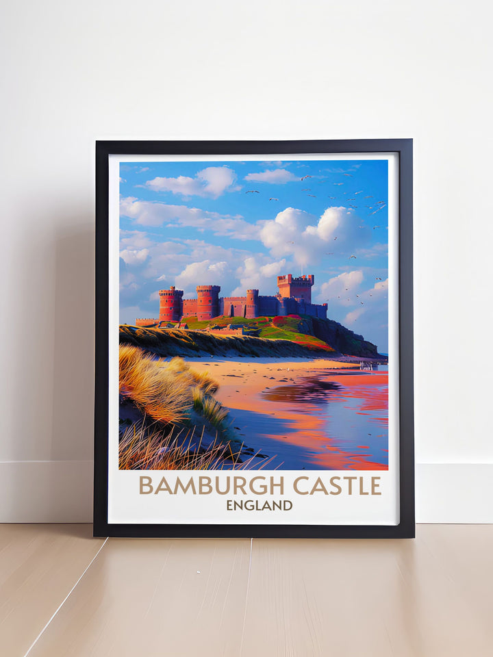 Bamburgh Castle wall art decor gift featuring the castle during a vibrant sunset, perfect for gifting or decorating your own space.
