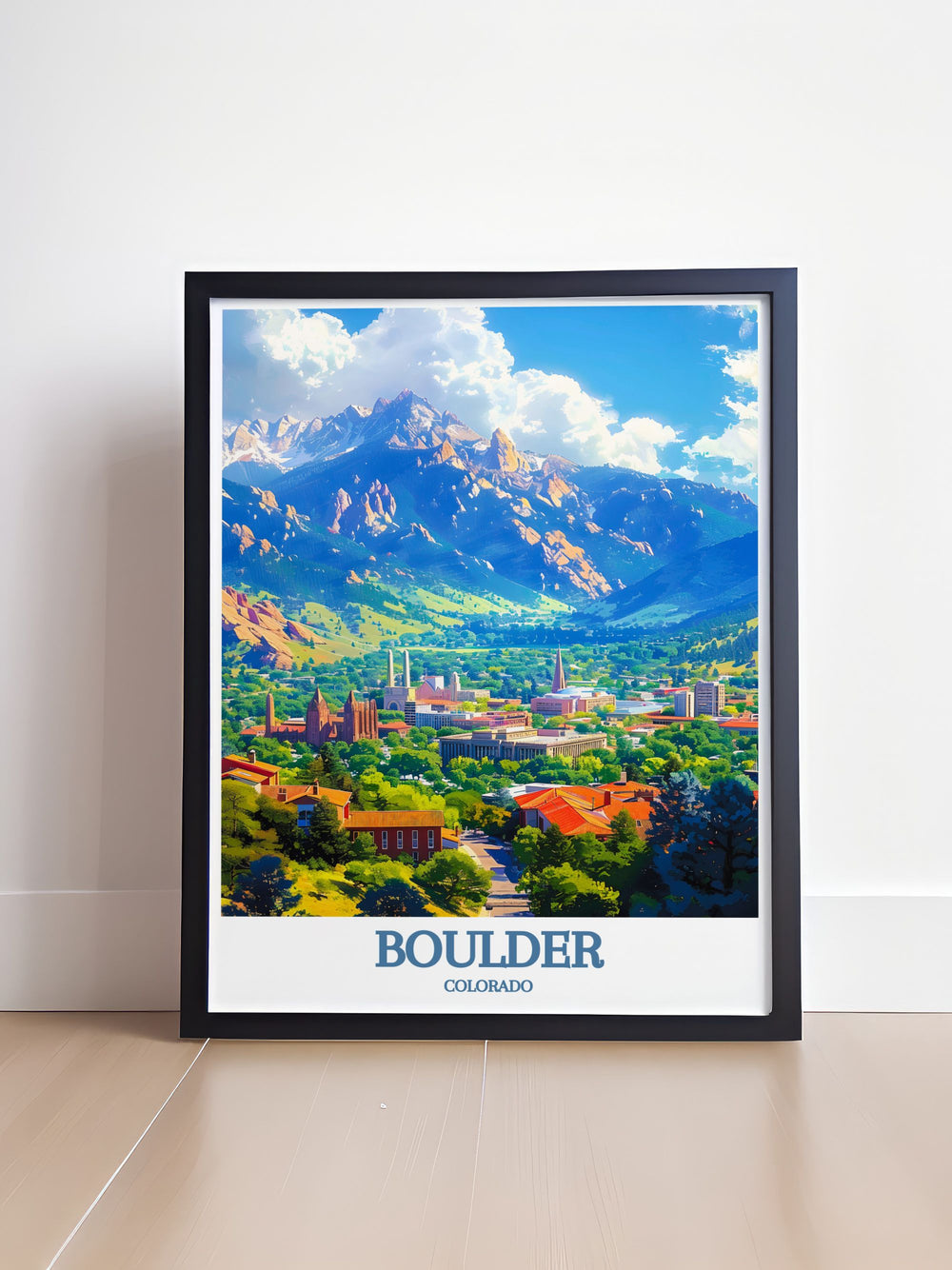 Beautifully framed art piece featuring the Flatirons of Boulder, Colorado, highlighting the dramatic landscape and rugged beauty of this beloved landmark. Ideal for adding a striking focal point to any room in your home or office.