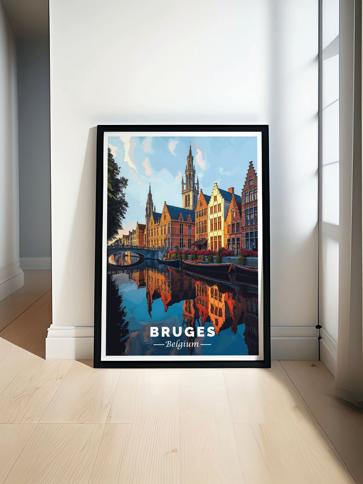 Beautiful canal scene travel art featuring the picturesque canals of Bruges Belgium perfect for home decor and gifts. Vivid imagery captures the essence of Bruges historic architecture and serene waterways making it a stunning addition to any wall.