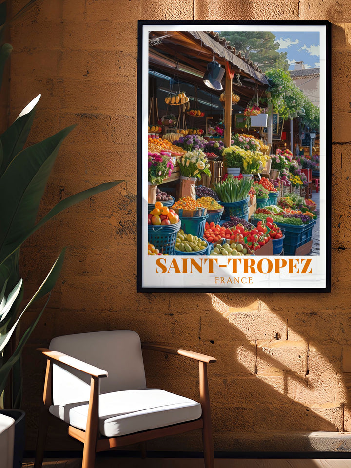 Beautifully crafted Place des Lices Market wall art paired with St Tropez poster for an elegant coastal decor theme. Bring the atmosphere of the French Riviera into your home with these stunning prints capturing the charm and vibrancy of St Tropez.