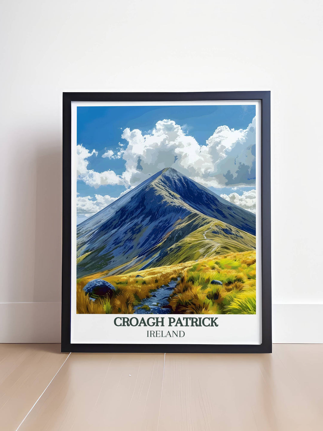 Celebrate Irish heritage with this Ireland travel print featuring Croagh Patrick Summit and the iconic Saint Patrick statue. This artwork beautifully captures the essence of Westport Ireland perfect for home decor.