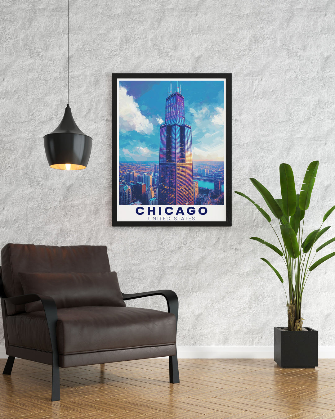 Stunning Willis Tower artwork with a detailed Chicago cityscape making it a perfect addition to your home decor and a great Chicago gift for travel enthusiasts.