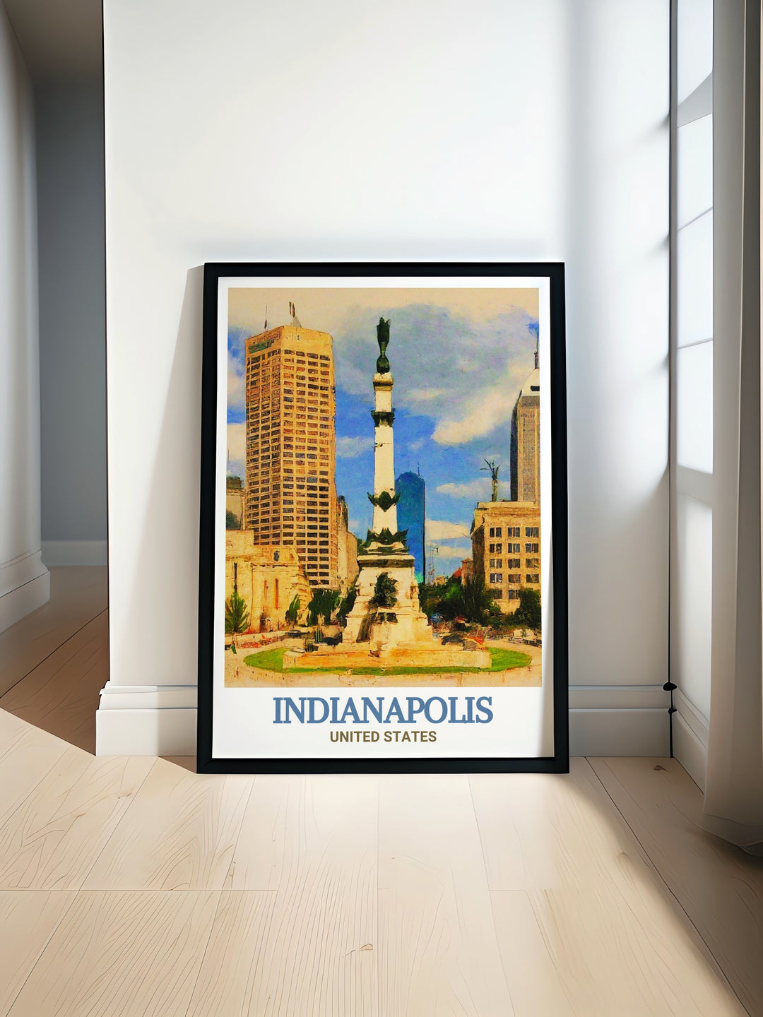 Vintage style Monument Circle print with the Indianapolis skyline. Perfect for home decor or as a thoughtful gift. This artwork celebrates the rich history and modern beauty of Indianapolis, making it a cherished memento.