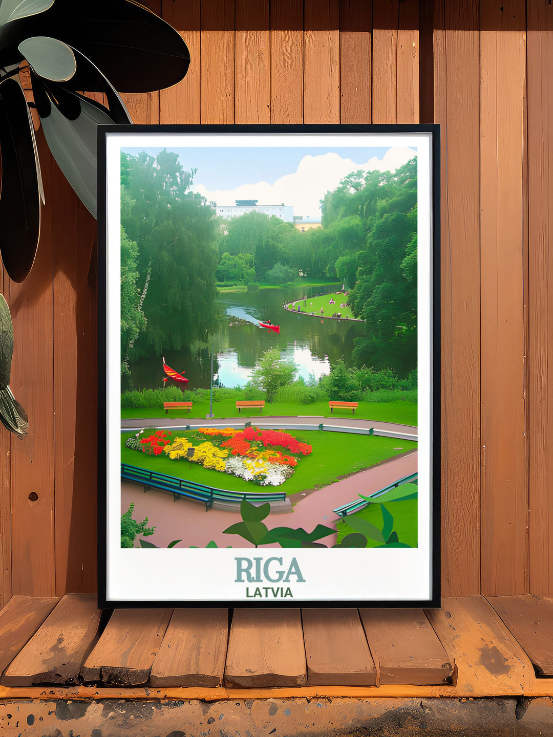 Latvia wall print showing the picturesque Bastejkalna Park in Riga. This travel poster combines natural beauty with historic charm, making it an excellent choice for anyone passionate about Rigas rich cultural heritage.