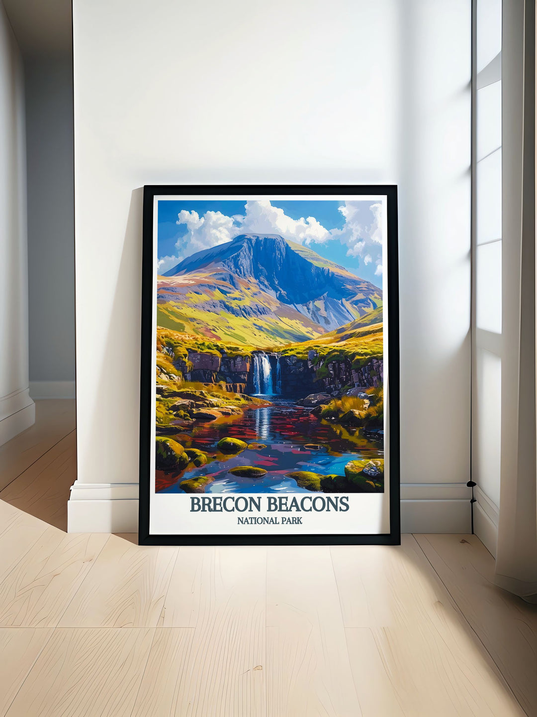 Brecon Beacons National Park print featuring Pen Y Fan and Corn Du mountains. This vintage travel print captures the serene beauty of the Welsh landscape with soft hues and intricate details perfect for enhancing your home decor