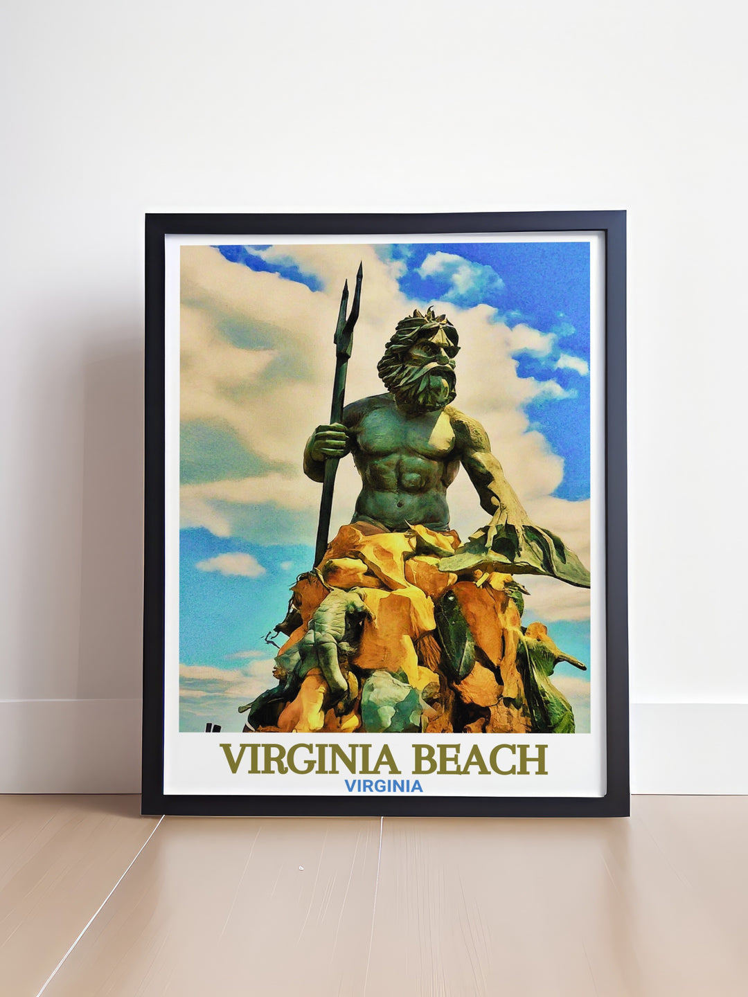 Colorful art print of Virginia Beach with Neptune Statue perfect for home decor and gifts showcasing the citys vibrant energy and providing a standout piece for any wall ideal for those who appreciate detailed artwork