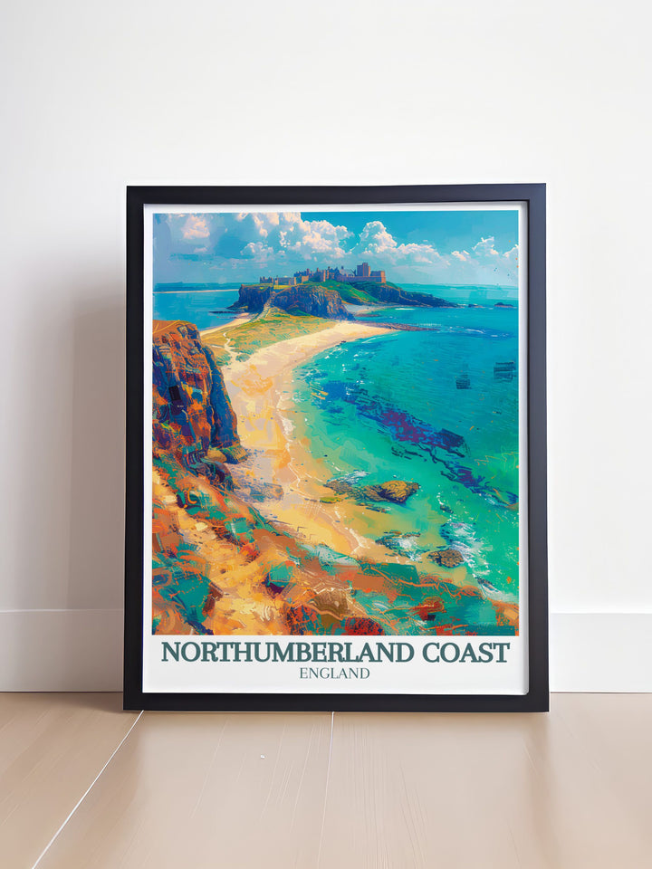 Vintage travel print showcasing Bamburgh Castle and Dunstanburgh Castle along Northumberlands scenic coast bringing the charm and history of these iconic landmarks into your living space with timeless elegance.