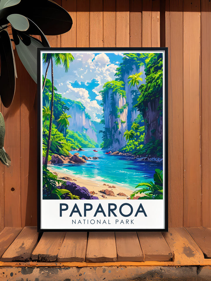 Retro Travel Poster featuring the picturesque views of Pororari River Gorge framed prints ideal for modern home decor and nature enthusiasts