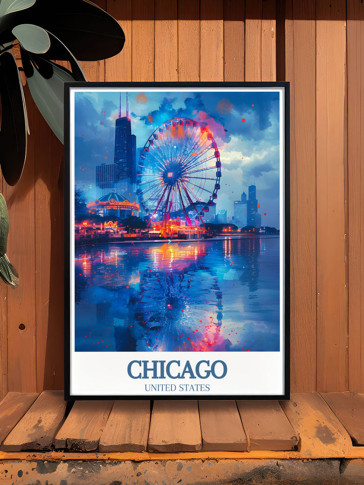 Bring the charm of Chicago into your home with this captivating travel poster. Navy Piers vibrant activities and architectural marvels are beautifully depicted, offering a unique and culturally rich addition to your home or office decor.