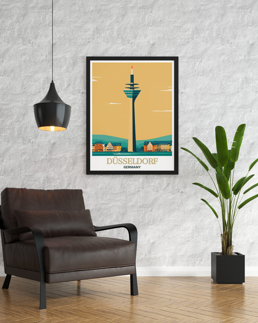 Celebrate the majesty of Düsseldorfs Rheinturm with this wall art. Perfect for home or office decor, this travel poster captures the sophistication of the citys skyline, bringing modern European elegance into your living space.