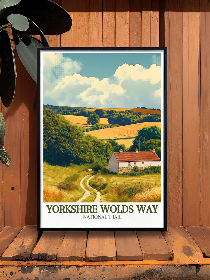 Explore the scenic beauty of the Yorkshire Wolds Way with this travel poster. The artwork captures the trails rolling hills, lush green landscapes, and picturesque views, inviting you to discover the natural wonders and historic landmarks of this national treasure, perfect for travel enthusiasts.