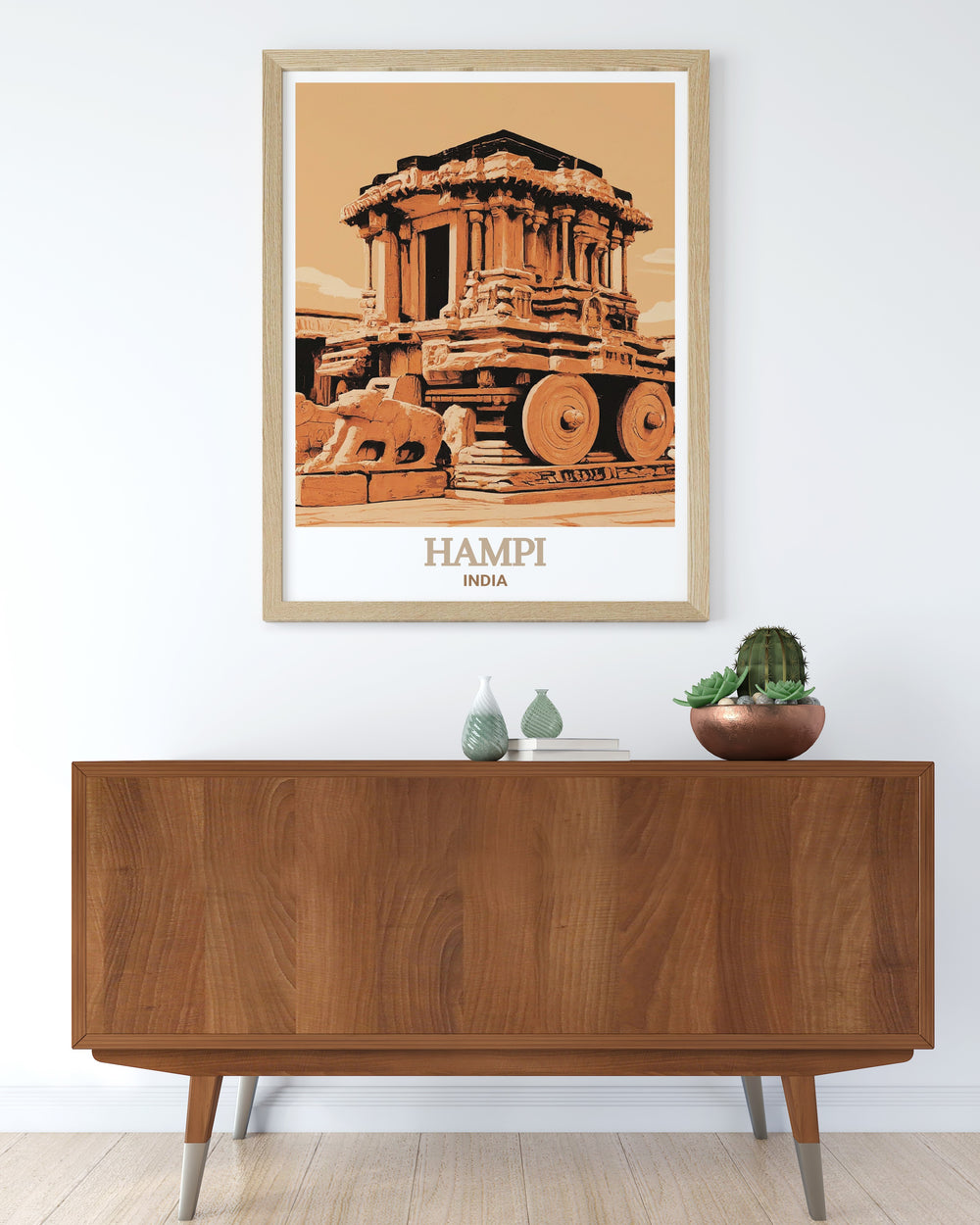 Vijaya Vittala Temple travel poster from Hampi, India, showcasing the ancient structures and architectural marvels. This print captures the essence of Hampis historical and cultural significance, perfect for enhancing your home decor.