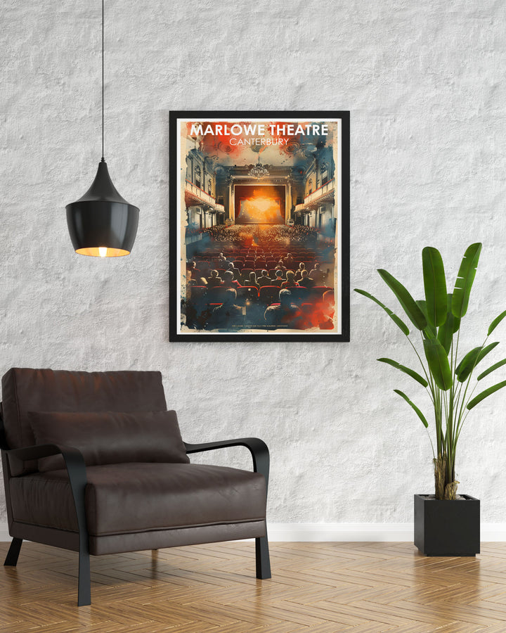 This travel poster beautifully depicts the historic allure of Canterbury and the artistic appeal of the Marlowe Theatre, ideal for adding a touch of Englands cultural heritage to any room.