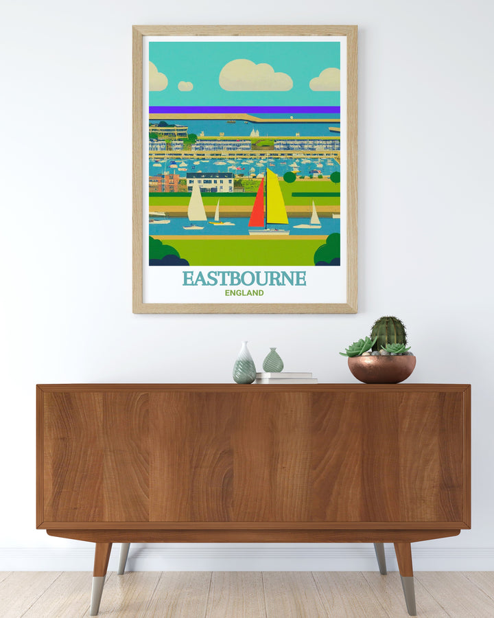 England travel poster highlighting the picturesque scenery of Sovereign Harbour along the South Downs Way. This print beautifully captures the marinas calm waters and sophisticated architecture, making it a perfect addition to any decor.