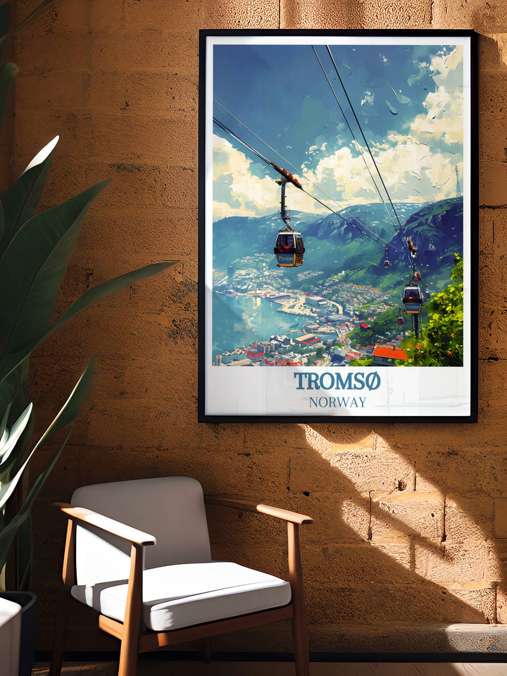 Retro travel poster of Tromso, featuring the iconic Fjellheisen cable car, ideal for evoking nostalgia and wanderlust in any room.