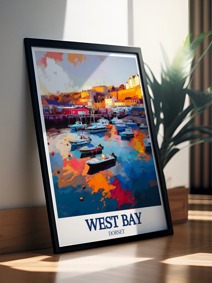 West Bay Harbour travel print showcases the vibrant colors and nautical charm of this bustling harbor. Whether youre a fan of coastal living or simply love the sea, this artwork adds a touch of the English seaside to your home décor, celebrating the charm of West Bay.