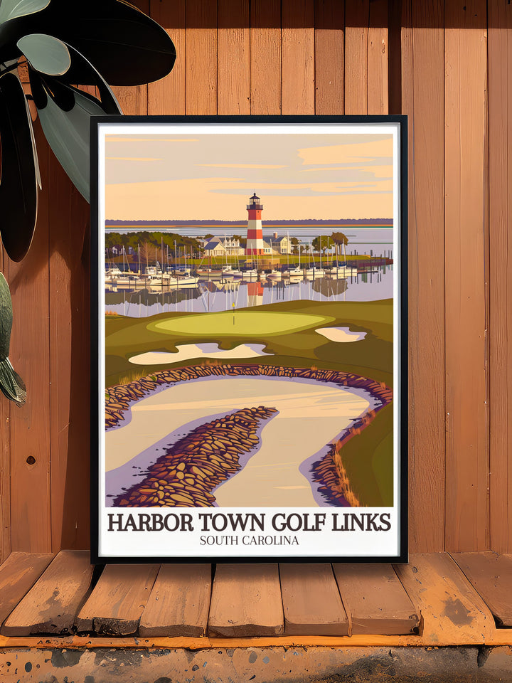 Featuring Harbor Towns famous 18th hole, this framed art piece captures the elegance and beauty of Sea Pines Resort, making it a perfect addition to your home décor. Ideal for any golf enthusiast, this artwork celebrates one of the games iconic locations.