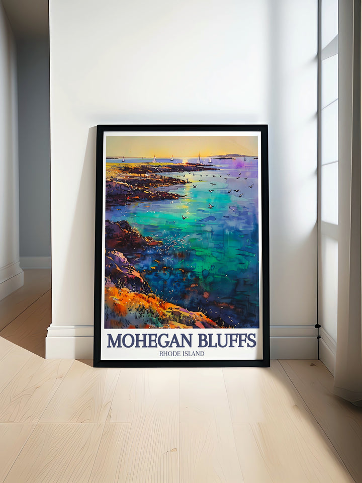 Capture the beauty of Rhode Islands Mohegan Bluffs with this travel poster, featuring Block Islands stunning cliffs and beach. The vintage inspired design and soft tones create a calming piece of art perfect for home décor or as a thoughtful gift for beach lovers.