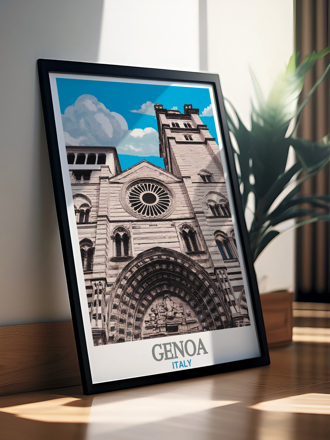 This travel poster of Genoa, Italy, features the iconic Genoa Cathedral, renowned for its medieval architecture. Ideal for anyone with a passion for Italian history, it makes a perfect gift or addition to your wall decor collection.