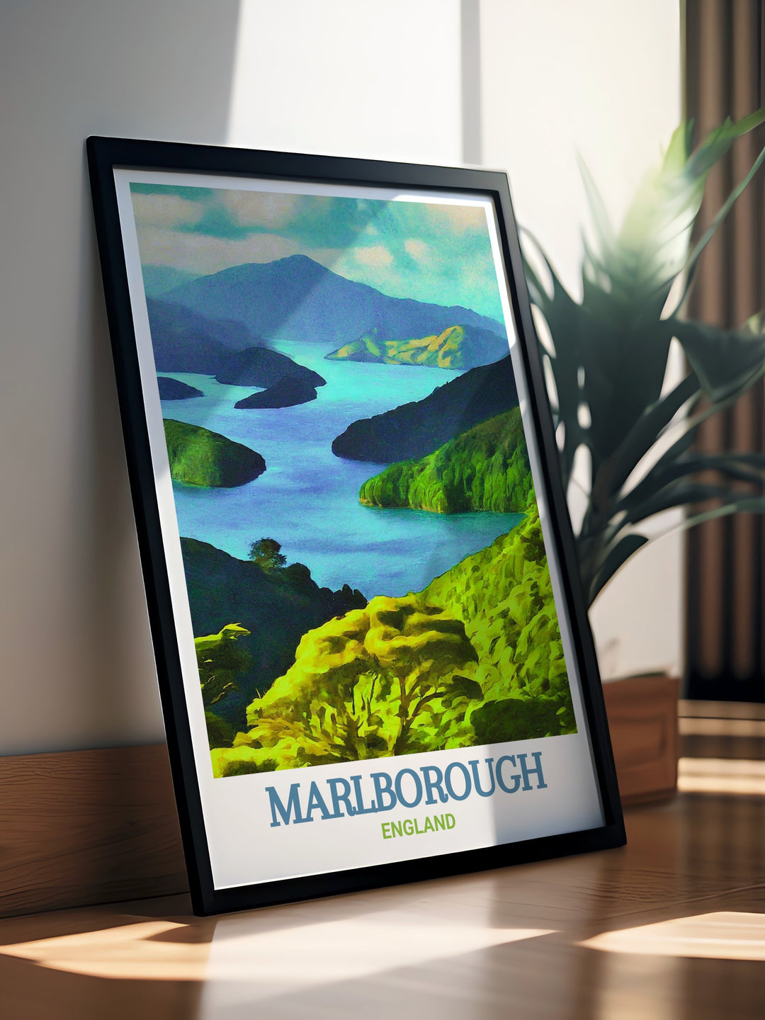 Marlborough Sounds art print capturing the serene bays and lush greenery of New Zealand. Perfect for nature lovers and art enthusiasts. This vibrant and detailed artwork brings the tranquil beauty of Marlborough Sounds into your home.