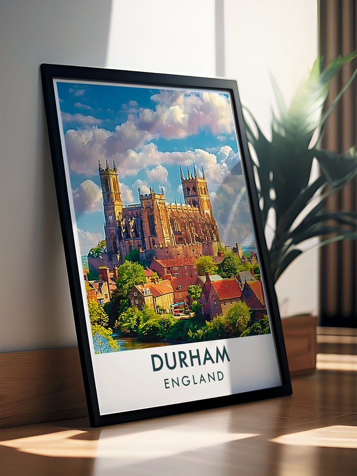 The serene beauty of Durham Cathedral and its picturesque surroundings are beautifully illustrated in this travel poster, capturing the essence of a timeless English landmark.