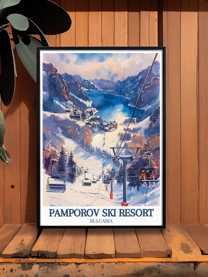 Smolyan Lakes Rhodope Mountains perfect wall decor featuring a retro ski poster of Pamporovo ideal for creating a captivating focal point in your home and inspiring future skiing adventures