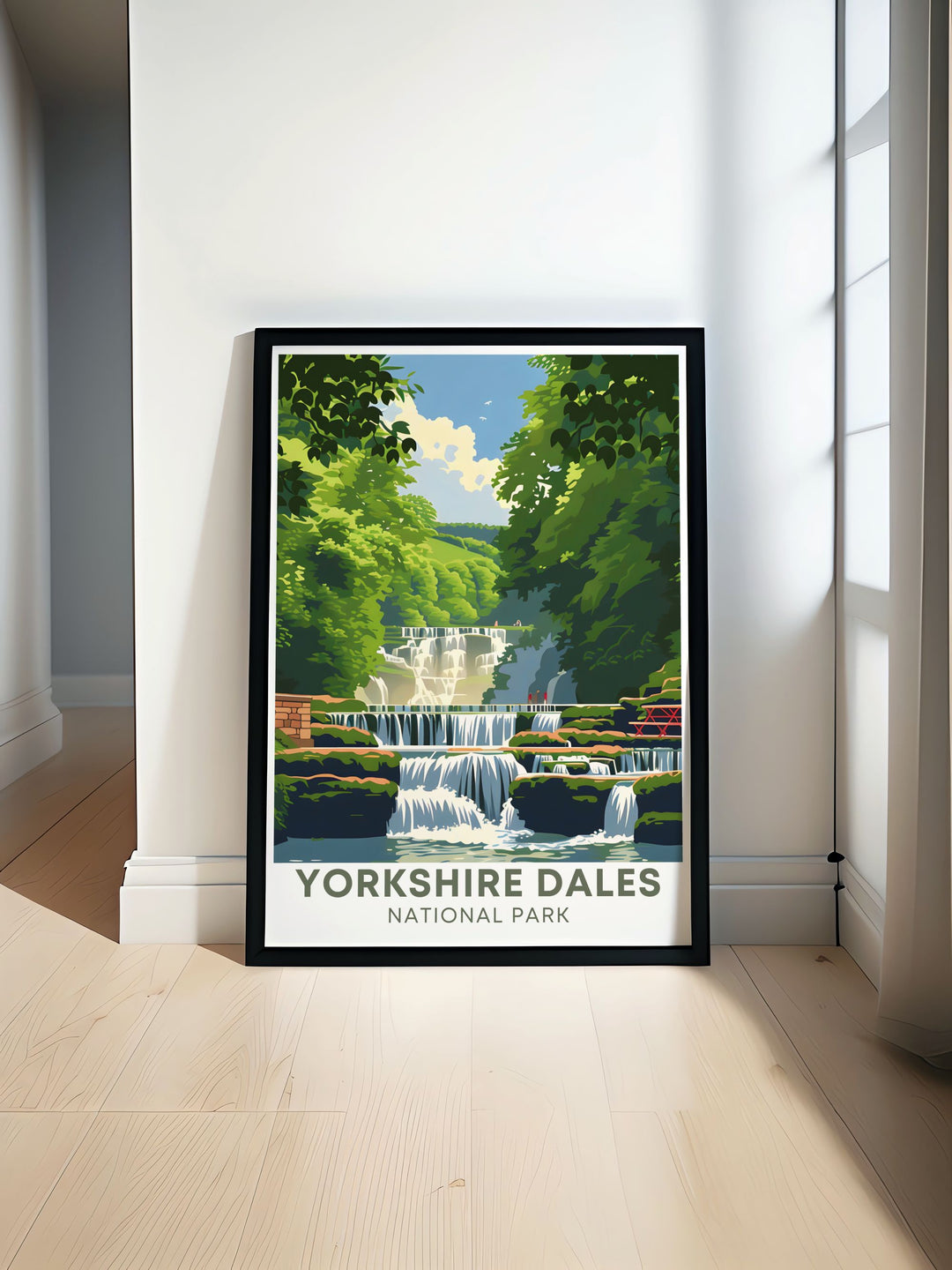 Aysgarth Falls wall art captures the serene beauty of the Yorkshire Dales National Park. This Aysgarth Falls vintage print showcases the cascading waters and lush surroundings making it a perfect addition to any home decor and a beautiful reminder of nature's splendor.