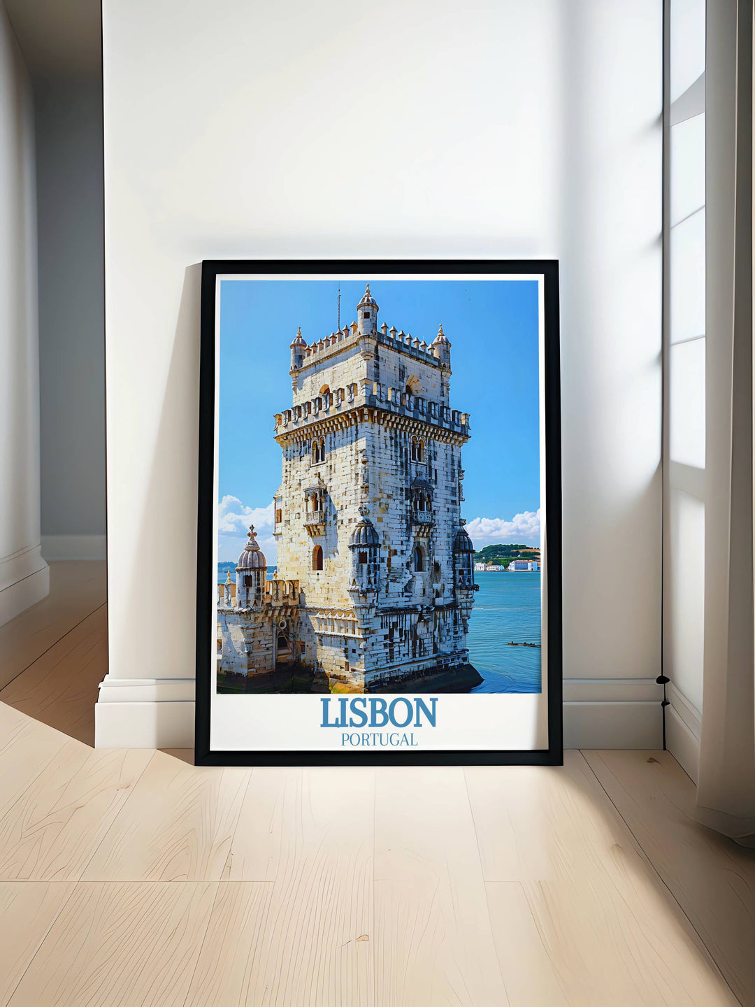 Belem Tower Torre de Belem Modern Print featuring the historic architecture of this iconic Portuguese landmark in a minimalist design ideal for elegant home decor and wall art.