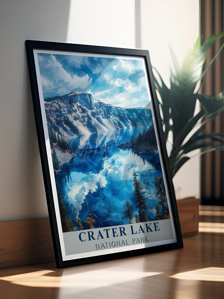 Beautiful Crater Lake Posters featuring the dramatic caldera. Ideal for home decor and gifts. These prints offer a timeless tribute to one of Americas most stunning national parks with intricate details and vibrant colors.