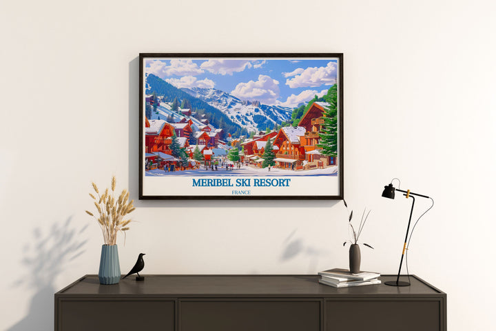 Elegant framed print of Meribel Village, highlighting the snowy landscapes and vibrant slopes. This modern skiing poster captures the thrill of the Three Valleys and is perfect for ski enthusiasts.