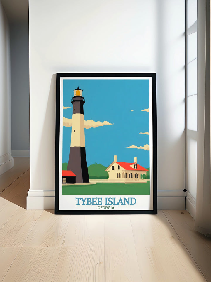 Beautiful Tybee Island Map featuring Tybee Island Light Station and Museum in stunning black and white perfect for adding coastal charm and elegance to any home decor great for travel enthusiasts and art lovers.