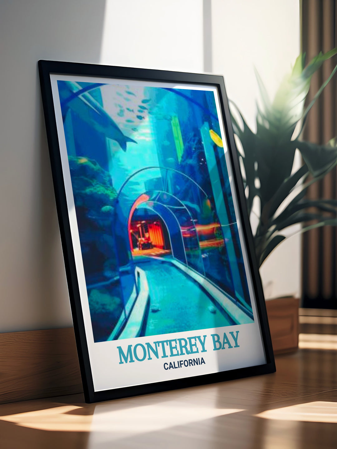 Stunning travel poster of Monterey Bay Aquarium, showcasing the breathtaking marine life of California. A perfect gift for nature and art lovers. The vibrant colors and intricate details capture the serene ambiance of this famous destination.