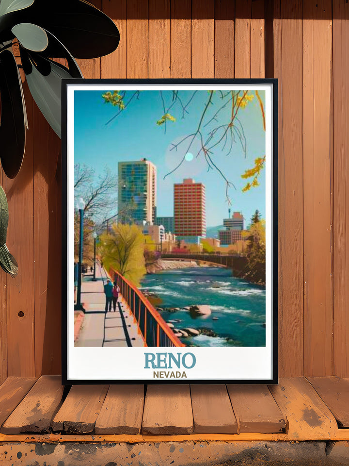 Framed artwork featuring the Truckee Riverwalk in Reno, with views of the Sierra Nevada mountains. The design highlights the contrast between nature and urban life, making it a must have for anyone who appreciates the outdoor beauty of Nevada.