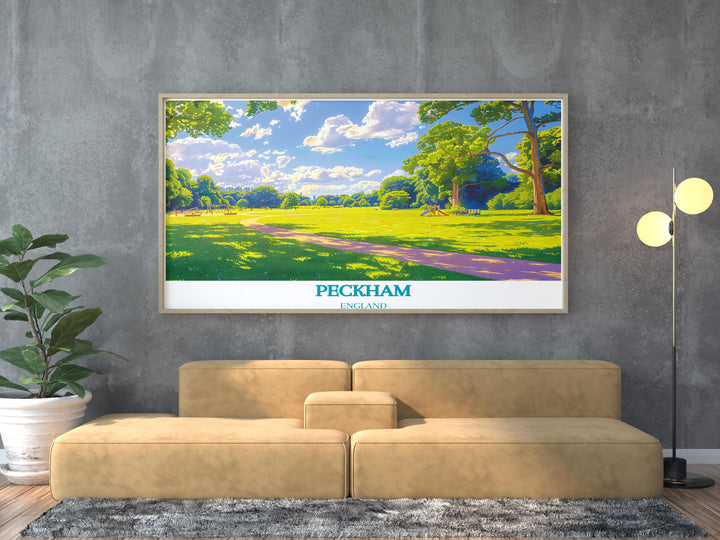 Peckham Rye Park framed print highlighting the lush greenery and serene atmosphere of the park perfect for creating an elegant and calming environment in your home.