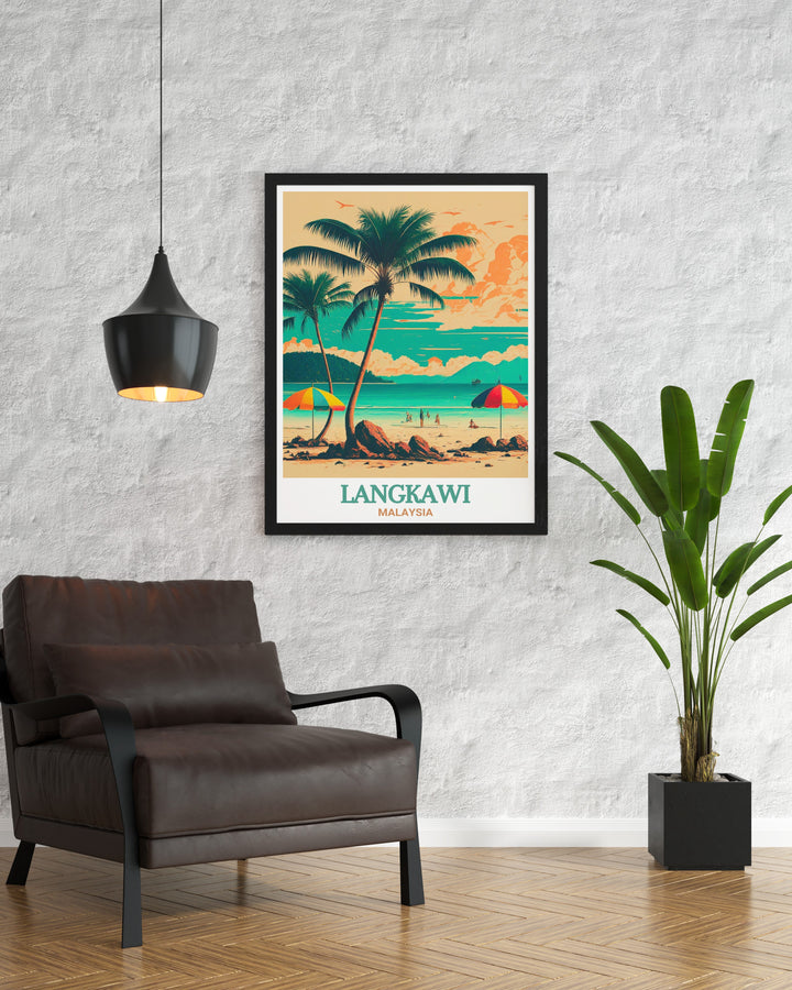 Langkawi wall art featuring Pantai Cenang beach and its famous palm lined shores. This travel poster captures the essence of Malaysias stunning coastline, making it a great personalized gift or home decor option for anyone inspired by tropical beauty.