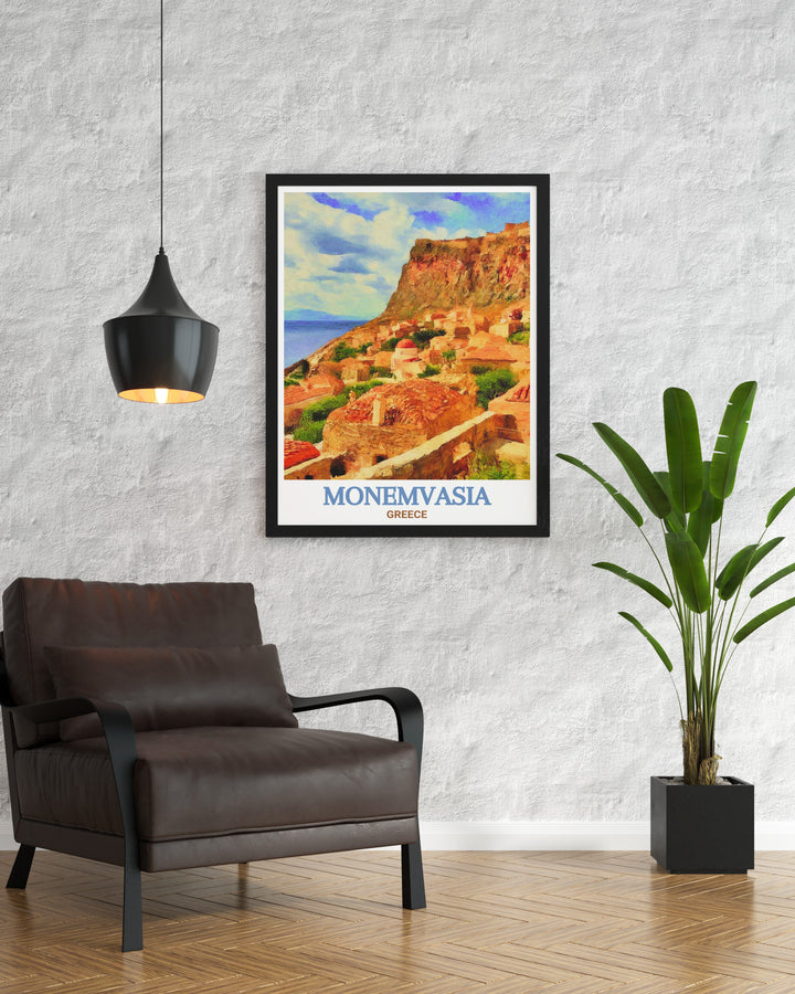 Monemvasia Wall Print showcasing the stunning views and historic charm of the Lower Town in Monemvasia, Greece. This wall print is a tribute to Greeces enduring cultural heritage, ideal for those who appreciate the art of travel.