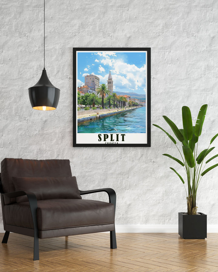 Bring the beauty of Split into your home with this detailed poster, highlighting the historical significance and coastal charm of the Riva Promenade in Croatia.