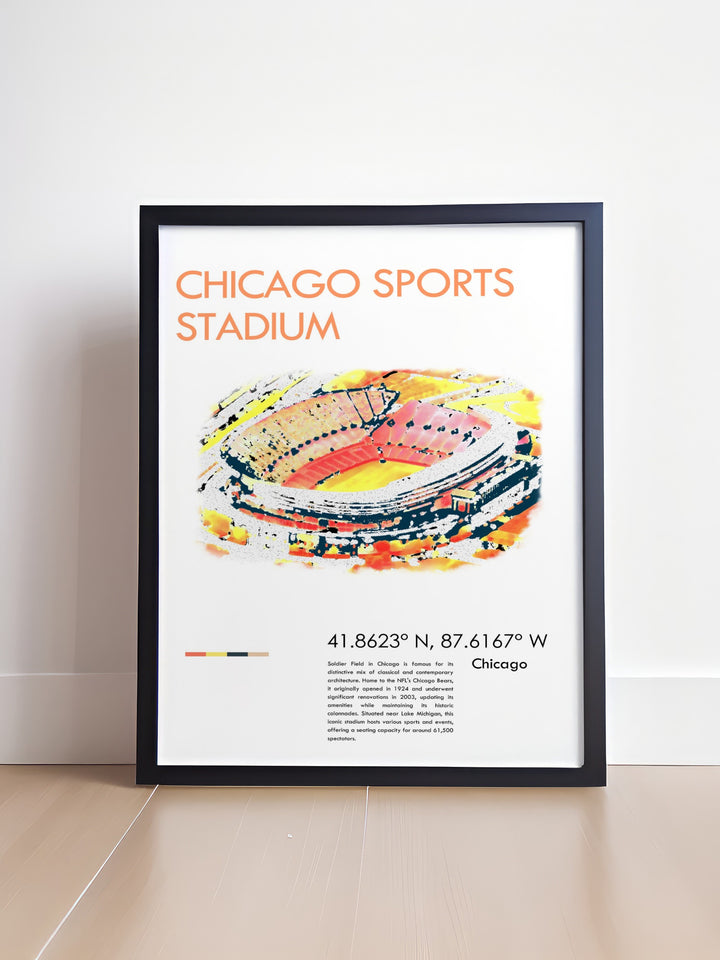 Soldier Field art print showcasing the iconic home of the Chicago Bears. This Chicago stadium art print is a great addition to any sports lover's collection, offering a timeless tribute to one of the NFL's most famous venues