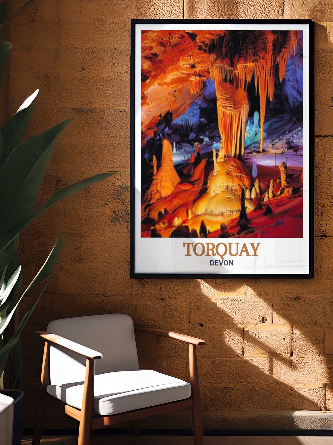 A beautifully detailed poster print of Torquays Kents Cavern in Devon, capturing the prehistoric caves natural beauty and geological significance. This travel print brings to life the stunning landscape of Devon, blending coastal charm with ancient history for a perfect art piece.