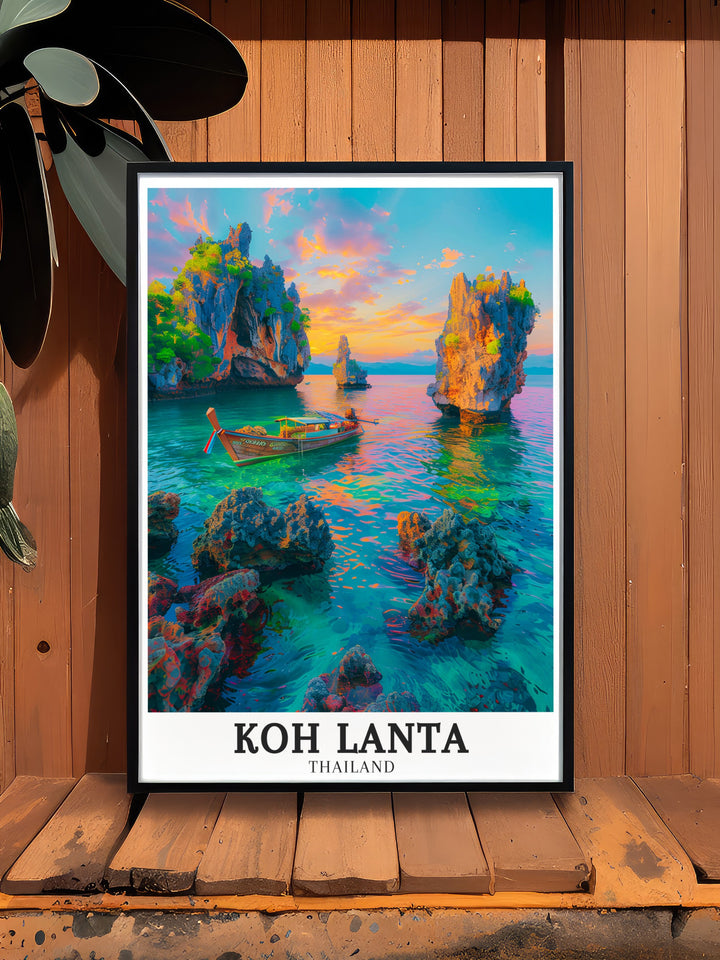 Mu Ko Lanta National Park Ko Talabeng modern art is the perfect beach home decor for those who love tropical destinations. This elegant island wall art showcases the breathtaking beauty of Thailands coastal landscapes offering peace and relaxation for your living space.